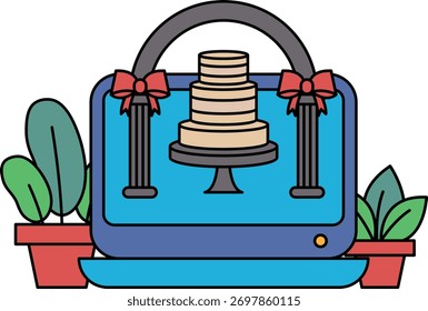 A cake is displayed on a laptop screen with a bow around it. The cake is decorated with a ribbon and he is a wedding cake. The laptop is placed on a table next to a potted plant