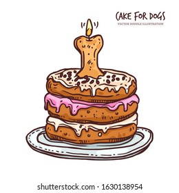 Cake for dog for anniversary or happy birthday. Canine food, dessert with bone, cupcake, cookie, cream and candle. Puppy holiday. Sketch vector doodle hand drawn illustration