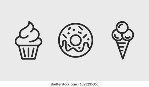 Pastel, Donut, Ice Cream iconos. Los iconos de postre dulce están listos. Pastel, Donut, íconos de helado aislados en fondo blanco. Ilustración del vector