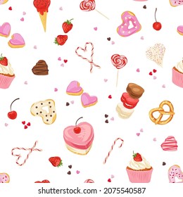 Cake Donut Macaron Candy cane Ice cream Strawberry vector seamless pattern. Romantic bakery treats surface design. Valentines day desserts background.