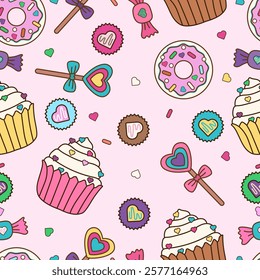 Cake, donut, sweet desserts, candy, confectionery, snacks, food, seamless pattern