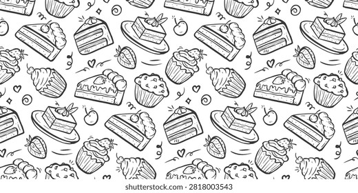 Cake doodle background. Cupcake pattern background. Sweat dessert doodle seamless pattern. Pastry cake flavor hand drawn pattern with chocolate, strawberry, vanilla, black forrest, cream, muffin.