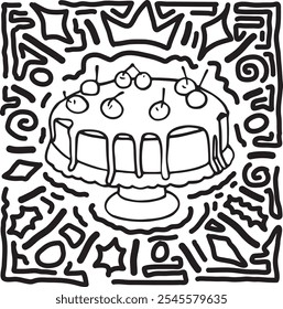 Cake with doodle background, hand drawn menu logo. Sweet chocolate dessert outline pen drawing symbol. Gourmet cuisine cupcake isolated line art with scribbles illustration. Sweet pastry sugar food.