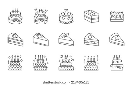 Ilustración de doodle de pasteles con iconos - pastel, rodaja, panadería, dulces, pascua, pieza, frutas. Arte de líneas finas sobre productos de postre. Stroke Editable