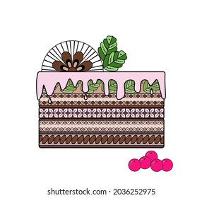 A cake with a doodle pattern and a chocolate flower on a white background. Decorative element for design