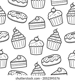 Cake doodle seamless pattern with a black and white color suitable for background or decoration