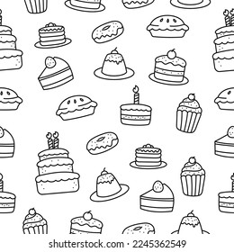 El doodle de torta es un patrón sin fisuras de color blanco y negro. Conjunto de ilustraciones del doodle de tortas