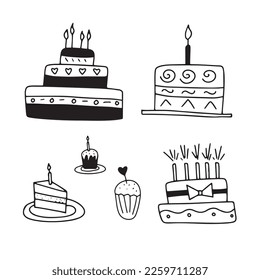 Kuchendoodle-Set. geeignet für eine Reihe von Aufklebern, Abzeichen, Logos und grafischen Gestaltungselementen. Doodset für Kuchen, schwarz-weiß