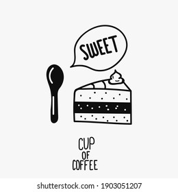 Cake doodle with spoon vector 
hand drawn illustration for cafe and restaurant. Black linear icons for business