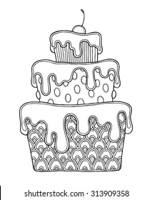 Cake in doodle style. Floral, ornate, decorative vector dessert illustration. Black and white monochrome design. Three-tiered cake, icing, cherry. Zentangle hand drawn coloring book page