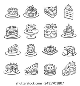 Cake Doodle vector icon set. Drawing sketch illustration hand drawn line.