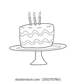 Cake doodle vector illustration with candles. Isolated object for celebration design. Anniversary bake.