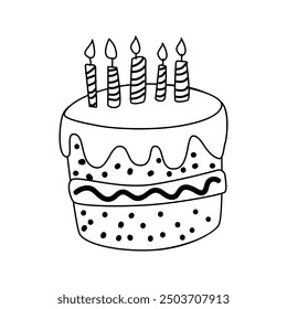 Cake doodle vector illustration with candles. Isolated object for celebration design. Anniversary bake.