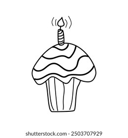 Cake doodle vector illustration with candles. Isolated object for celebration design. Anniversary bake.