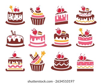  Cake drawing elements clipart set. Birthday colorful cupcake icon clip art collection for birthday, anniversary and wedding with chocolate and strawberry flavor outline symbol vector illustration.
