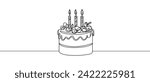 The cake is drawn with one line. Celebration card banner. Vector illustration isolated handdrawn.
