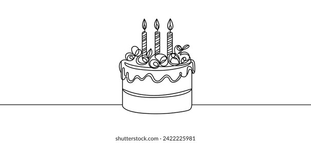 The cake is drawn with one line. Celebration card banner. Vector illustration isolated handdrawn.