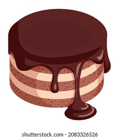 Cake with dripping chocolate frosting. Cream layers dessert.