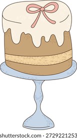 Pastel con glaseado goteante y lazo de la cinta se sienta en un soporte del pedestal en garabato dibujado a mano. Símbolo de celebración, fiesta, dulzura y comodidad de panadería. Ilustración vectorial de dibujos animados.