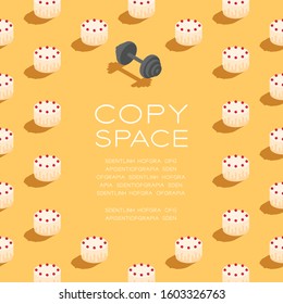 Cake with dumbbell 3D isometric pattern, Bakery healthy diet or lose weight concept poster and social banner square post design illustration isolated on cream background with space, vector