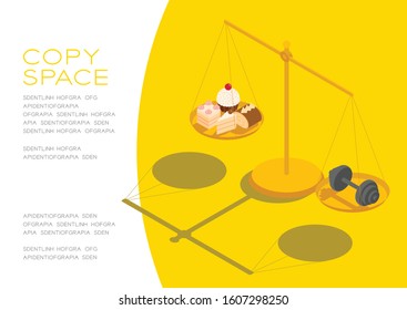 Cake and Dumbbell on Scales 3D isometric pattern, Bakery healthy diet or lose weight concept poster and social banner horizontal post design illustration isolated on yellow background, vector