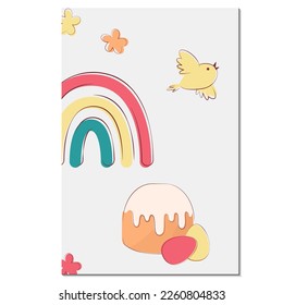 cake, easter eggs, rainbow and bird. happy easter postcard