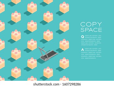 Cake, Electric treadmill 3D isometric pattern, Bakery healthy diet or lose weight concept poster and social banner horizontal post design illustration isolated on green background with space, vector