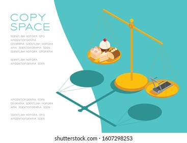 Cake, Electric treadmill on Scales 3D isometric pattern, Bakery healthy diet or lose weight concept poster and social banner horizontal post design illustration isolated on green background, vector