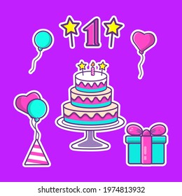 cake with element birthday illustration, vector, concept, cartoon