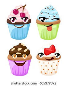 Cake emoticon funny elements vector character. Different emotions collection characters smile fun vector illustration isolated on white