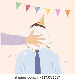 Cake in the face of a man. Birthday.Color vector illustration.