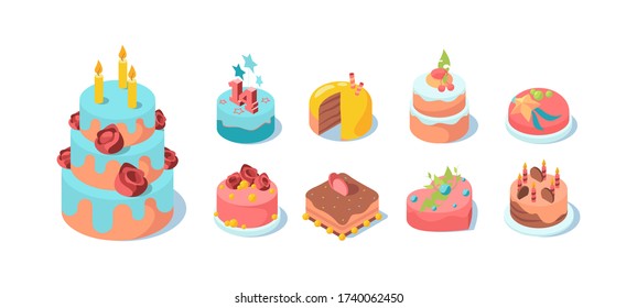 Cake festive set. Chocolate brown sweet cake with fruits of pink and blue icing, colorful birthday, wedding, party celebration, delicious dessert with number, designer decoration.