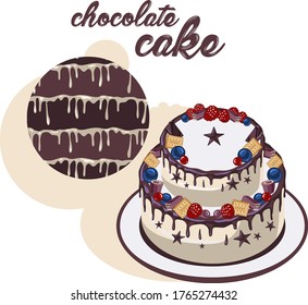 Сhocolate cake with a filling image. Composition, sweet design. Vector