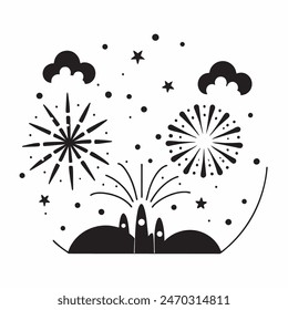 A cake with fireworks and stars on top of it. Scene is celebratory and festive