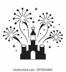 A cake with fireworks and stars on top of it. Scene is celebratory and festive