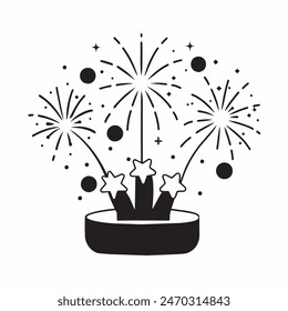 A cake with fireworks and stars on top of it. Scene is celebratory and festive