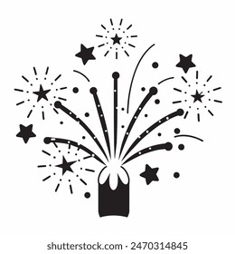 A cake with fireworks and stars on top of it. Scene is celebratory and festive