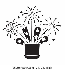 A cake with fireworks and stars on top of it. Scene is celebratory and festive