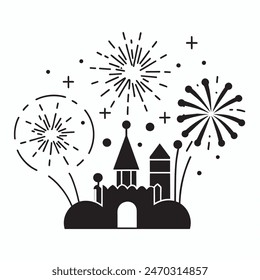 A cake with fireworks and stars on top of it. Scene is celebratory and festive