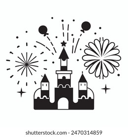 A cake with fireworks and stars on top of it. Scene is celebratory and festive
