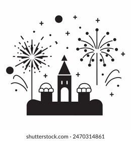 A cake with fireworks and stars on top of it. Scene is celebratory and festive