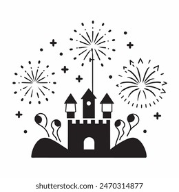 A cake with fireworks and stars on top of it. Scene is celebratory and festive