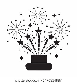 A cake with fireworks and stars on top of it. Scene is celebratory and festive