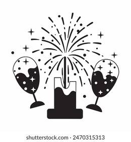 A cake with fireworks and stars on top of it. Scene is celebratory and festive