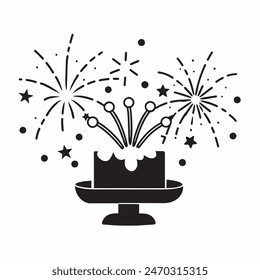 A cake with fireworks and stars on top of it. Scene is celebratory and festive