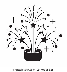 A cake with fireworks and stars on top of it. Scene is celebratory and festive