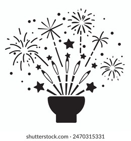 A cake with fireworks and stars on top of it. Scene is celebratory and festive