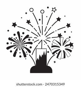 A cake with fireworks and stars on top of it. Scene is celebratory and festive