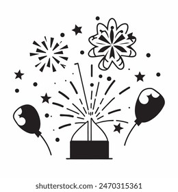 A cake with fireworks and stars on top of it. Scene is celebratory and festive