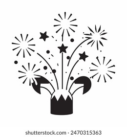 A cake with fireworks and stars on top of it. Scene is celebratory and festive